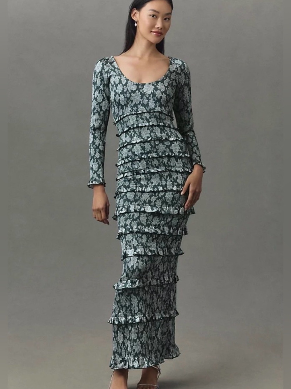 V. Chapman Lanie Long-Sleeve Scoop-Neck Ruched Ruffle Satin Maxi Dress NWT